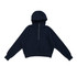 A navy blue half-zip jumper with a hood and long sleeves, featuring a logo.