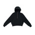 A black half-zip cotton jumper for women and girls, featuring a hood and long sleeves. It has a logo.