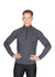 A grey half zip mock neck jumper for men, featuring long sleeves and a fitted design. It has a logo on it.