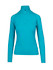 A teal long-sleeve half zip mock neck shirt with a fitted design and a logo label.