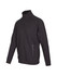 A black jacket with a high collar and zippered pockets, featuring a logo on the front.