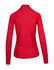 A heathered red women's jacket with long sleeves and a high collar, featuring a logo on the back.