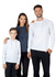 A white unisex hoodie and a dark grey hoodie worn by a woman and two children, with a logo on the clothing.