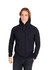 A black unisex fusion T-shirt hoodie with a relaxed fit and drawstring hood. Features a branding logo.