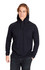 A black unisex FUSION T-shirt hoodie with a drawstring hood, made from a soft, sleek fabric.
