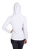 A light grey women's fusion T-shirt hoodie with a hood, featuring long sleeves and a fitted design.