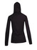 A black women's fusion T-shirt hoodie featuring a fitted design and a hood, displaying the back view.