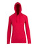 A red women's fusion T-shirt hoodie with a hood and long sleeves. It features a logo on the chest area.