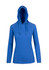 A blue women's fusion T-shirt hoodie with a front pocket and adjustable drawstrings on the hood.