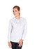 A light grey women's fusion T-shirt hoodie featuring a drawstring and long sleeves, with a small logo present.