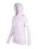 A white women's fusion T-shirt hoodie with a hood and long sleeves, featuring a logo.