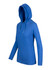 A blue women's fusion T-shirt hoodie with a drawstring hood and long sleeves. It features a simple design and a logo.