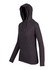A dark grey women's fusion T-shirt hoodie with a relaxed fit and a hood, featuring long sleeves and a logo.
