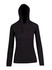 A black women's fusion T-shirt hoodie with a hood and long sleeves, featuring a logo.