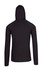 A black hooded jumper with long sleeves, featuring a simple design and a logo.