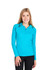 A woman in a turquoise half-hood top, featuring a half-zip and long sleeves, paired with black leggings.