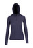 A women's hoodie in navy blue with a half-zip design and a hood, featuring a logo on the side.