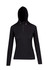 A black half-hood top with long sleeves and a half zipper, featuring an adjustable hood and a logo.