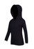 A black hoodie for kids, designed with long sleeves and a front kangaroo pocket. It features a hood and a logo.