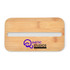 A bamboo lunch box lid in natural colour featuring a slot and a logo.