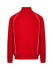 A red unbrushed contrast track jacket featuring white piping and a high collar, with a logo on the back.