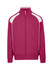 A mens' unbrushed contrast jacket in berry pink with white detailing and a zip front. Features a logo on the chest.