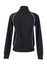 A black women's/juniors unbrushed contrast jacket featuring white detailing and a high collar, with a logo on the back.