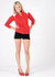 A red unbrushed contrast jacket with white detailing, worn with black shorts and red heels. The model poses confidently.