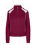 A burgundy jacket with contrasting white accents, featuring a high collar and zip closure. It has a logo on one side.