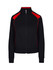 A black jacket with red contrast accents, featuring a zip-up front and a high collar. It has a logo.