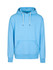 A light blue hoodie with a front pocket and drawstring hood, featuring a logo on the chest.
