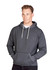 A men's heather hoodie in dark grey, featuring a front pocket and drawstring hood. It has a branding logo.