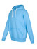 A light blue hoodie with a front pocket and drawstring hood, featuring a branding logo.
