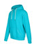 A turquoise heather hoodie with a front pocket and drawstring hood. It features a logo on the chest.