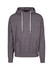 A heather grey hoodie featuring a front pocket and drawstrings on the hood. It has a logo on the front.