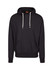 A black hoodie featuring a drawstring, front pocket, and a logo on the label area. Suitable for casual wear.