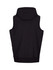 A sleeveless black hoodie with a hood and a fitted design, featuring a logo on the back.