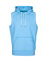 A light blue sleeveless hoodie featuring a front pocket and a hood, with a logo on the design.