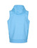 A light blue sleeveless hoodie with a hood and a waistband, featuring a logo on the back.