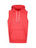A sleeveless hoodie in a vibrant red colour with a front pocket and a hood. It features a logo on the front.