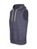 A sleeveless hoodie in a heather navy colour with a front pocket and a hood, featuring drawstrings and a logo.