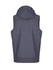 A navy heather sleeveless hoodie with a hood, featuring a branded logo.