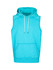 A sleeveless hoodie in bright turquoise, featuring a hood and front pocket, with a logo on the design.