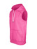 A pink sleeveless hoodie featuring a hood and front pocket, part of the Greatness Range. It has a logo on it.