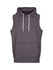 A sleeveless grey hoodie with a front pocket and drawstring hood, featuring a logo.