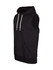A black sleeveless hoodie featuring a front pocket and drawstring hood. The garment has a branding logo.