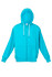 A turquoise zip hoodie featuring a front pocket and a hood, with a logo on the chest.
