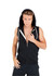 A sleeveless black zip hoodie with a white interior hood, featuring a front zip and a model posing confidently.