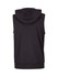 A black sleeveless zip hoodie with a hood, featuring a logo on the back.