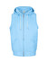 A light blue sleeveless zip hoodie featuring a hood and front pockets, with a logo present.